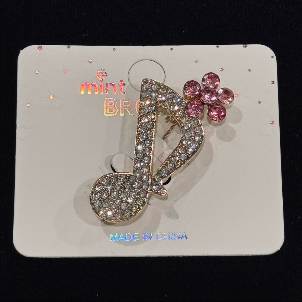 NWT Mint Rhinestone Music Note & Flower Brooch Pin Pink - Picture 3 of 8